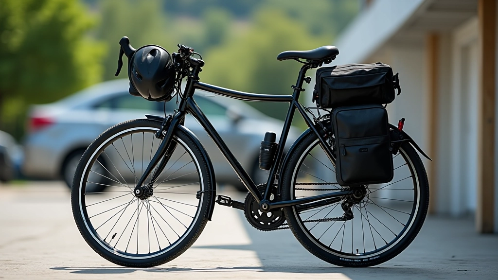 Bicicleta montada con equipo de seguridad: casco, luces, bolso de herramientas, en estacionamiento seguro al aire libre