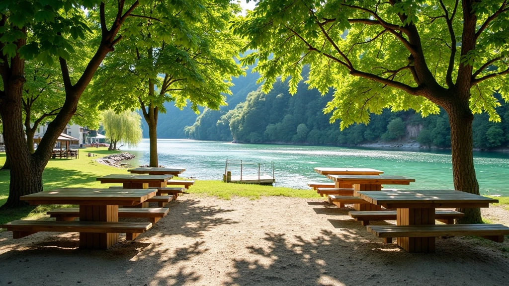 Área de descanso bajo árboles frondosos junto a río, mesas de picnic de madera, agua potable disponible