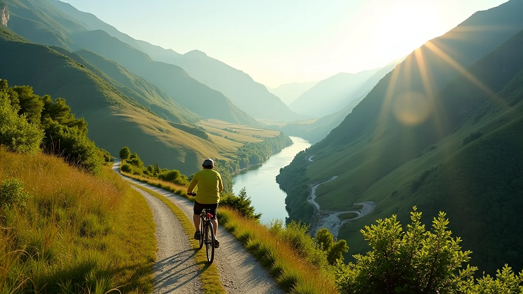 Vista panorámica del valle verde con río serpenteante y camino de bicicleta bien mantenido, luz matutina