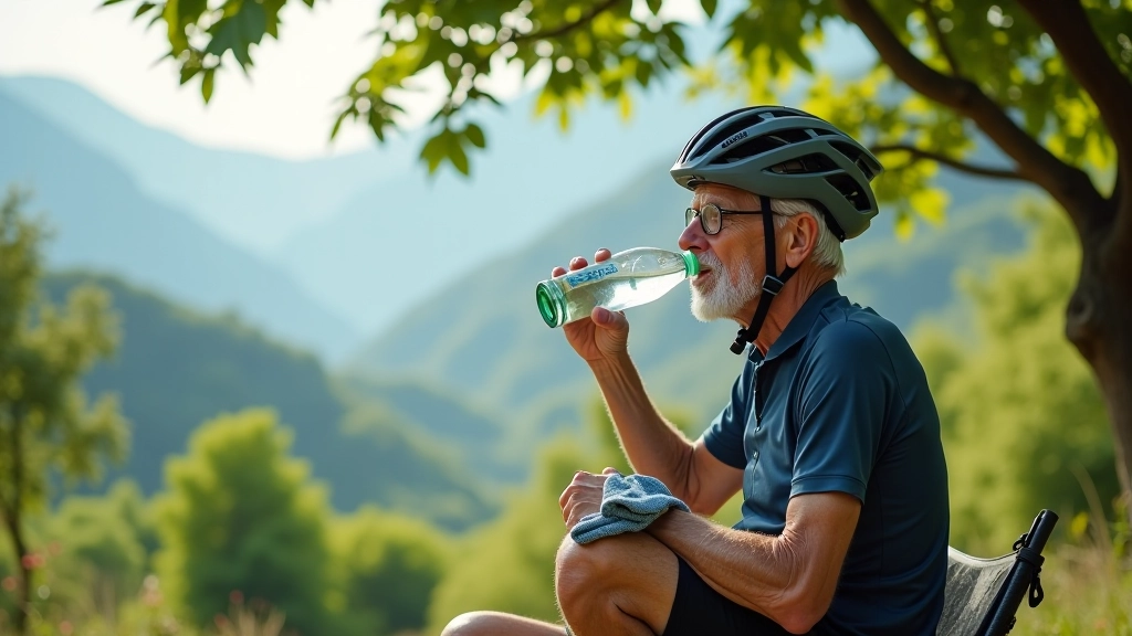 Ciclista descansando en sombra de árbol, tomando agua y secándose la frente
